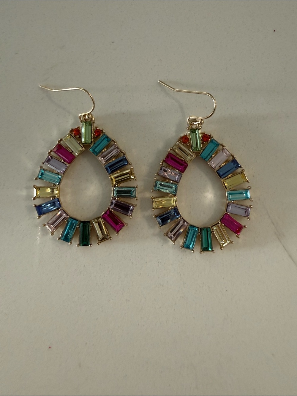 Gold Multicolor Teardrop Baguette Crystal Earrings